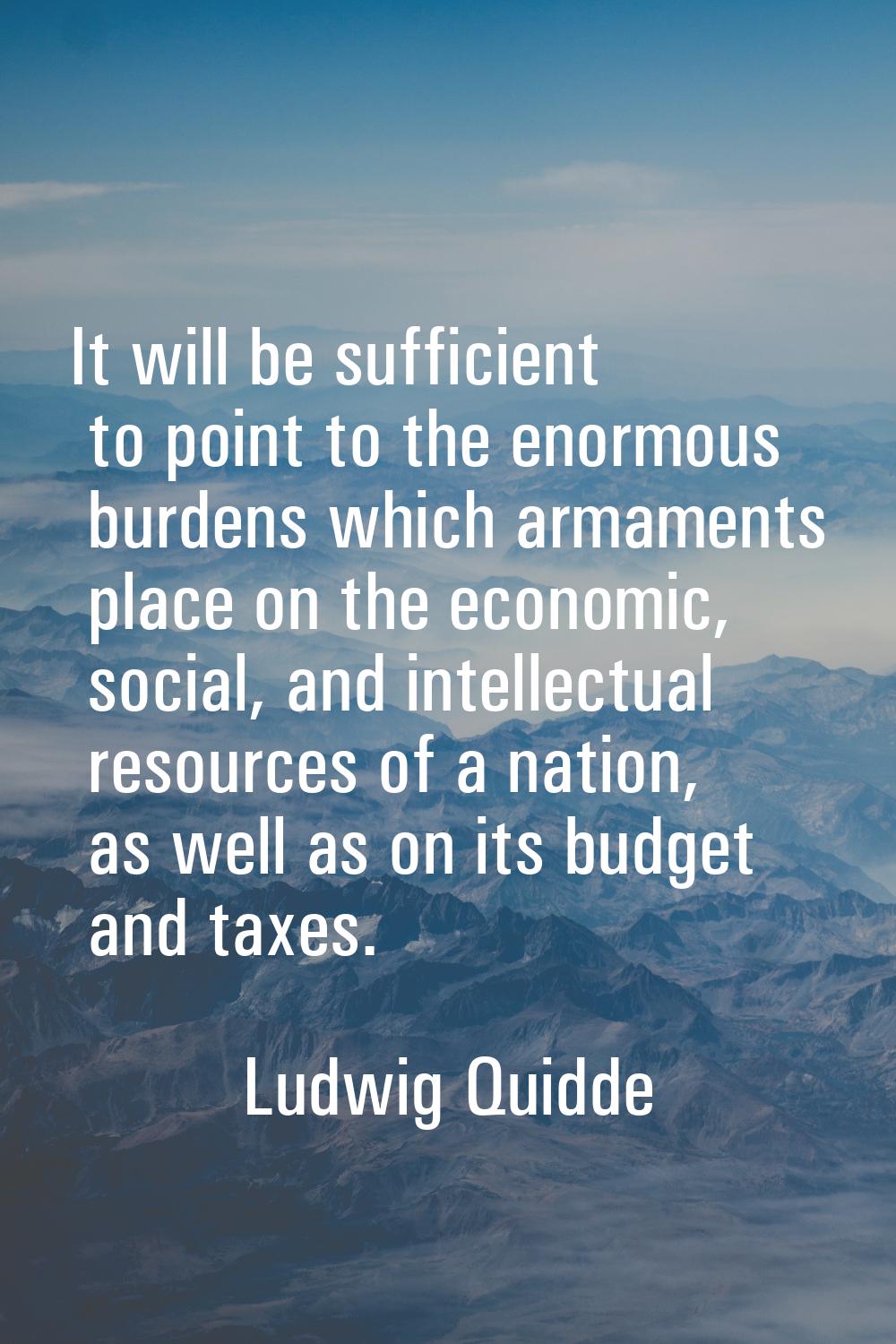 It will be sufficient to point to the enormous burdens which armaments place on the economic, socia
