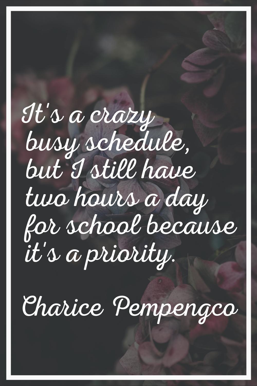 It's a crazy busy schedule, but I still have two hours a day for school because it's a priority.