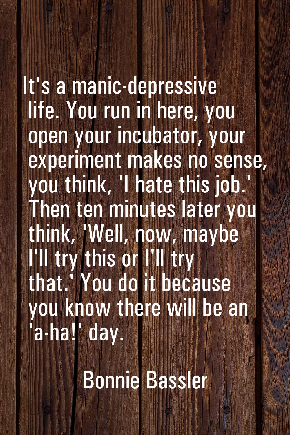 It's a manic-depressive life. You run in here, you open your incubator, your experiment makes no se