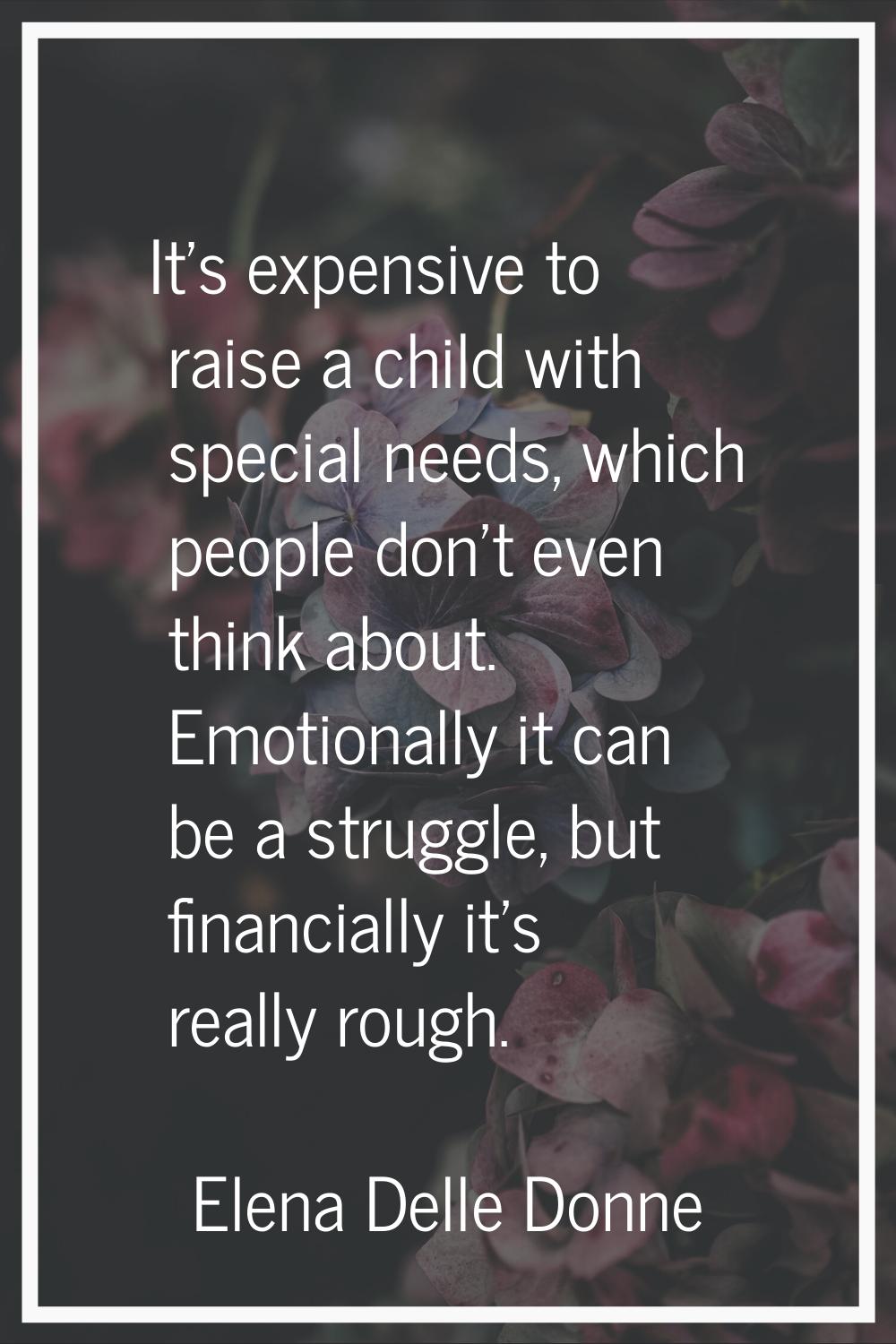 It's expensive to raise a child with special needs, which people don't even think about. Emotionall
