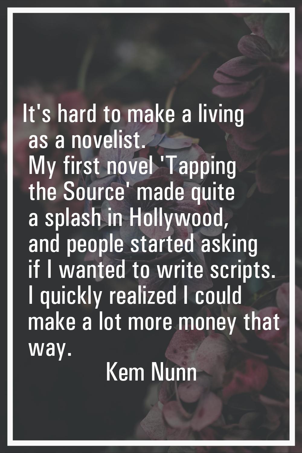 It's hard to make a living as a novelist. My first novel 'Tapping the Source' made quite a splash i