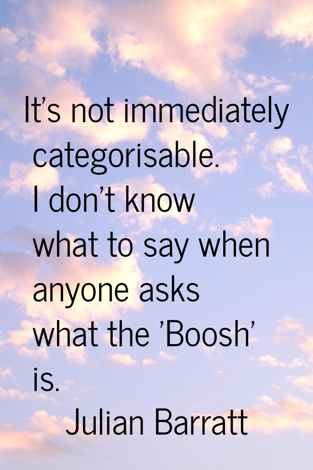 It's not immediately categorisable. I don't know what to say when anyone asks what the 'Boosh' is.