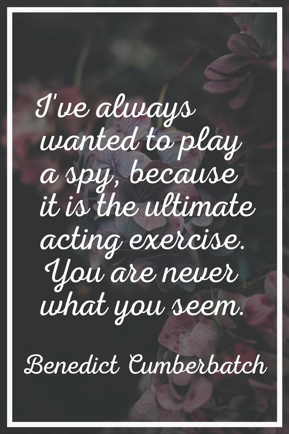 I've always wanted to play a spy, because it is the ultimate acting exercise. You are never what yo