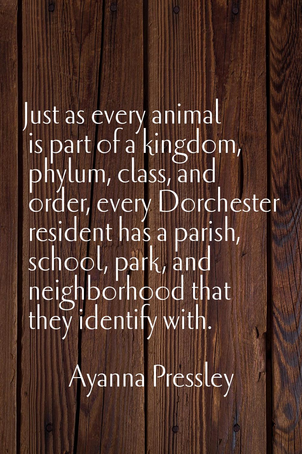 Just as every animal is part of a kingdom, phylum, class, and order, every Dorchester resident has 
