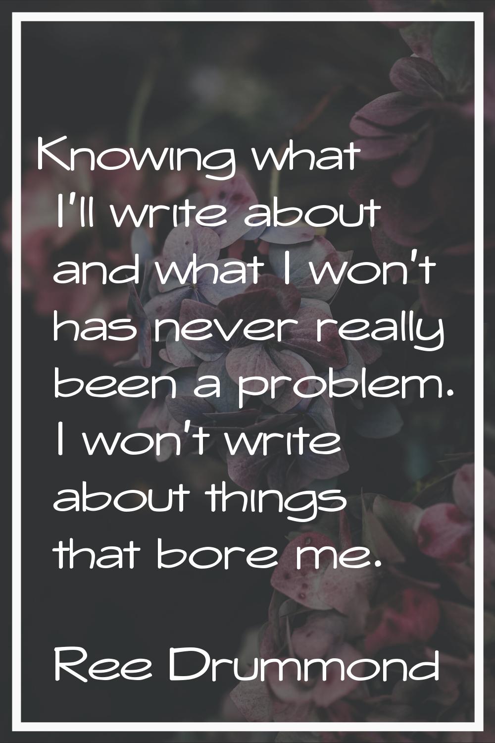 Knowing what I'll write about and what I won't has never really been a problem. I won't write about