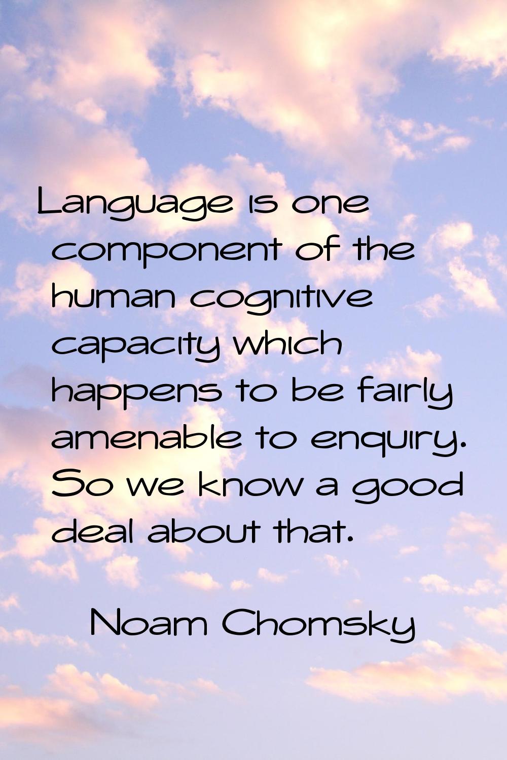 Language is one component of the human cognitive capacity which happens to be fairly amenable to en