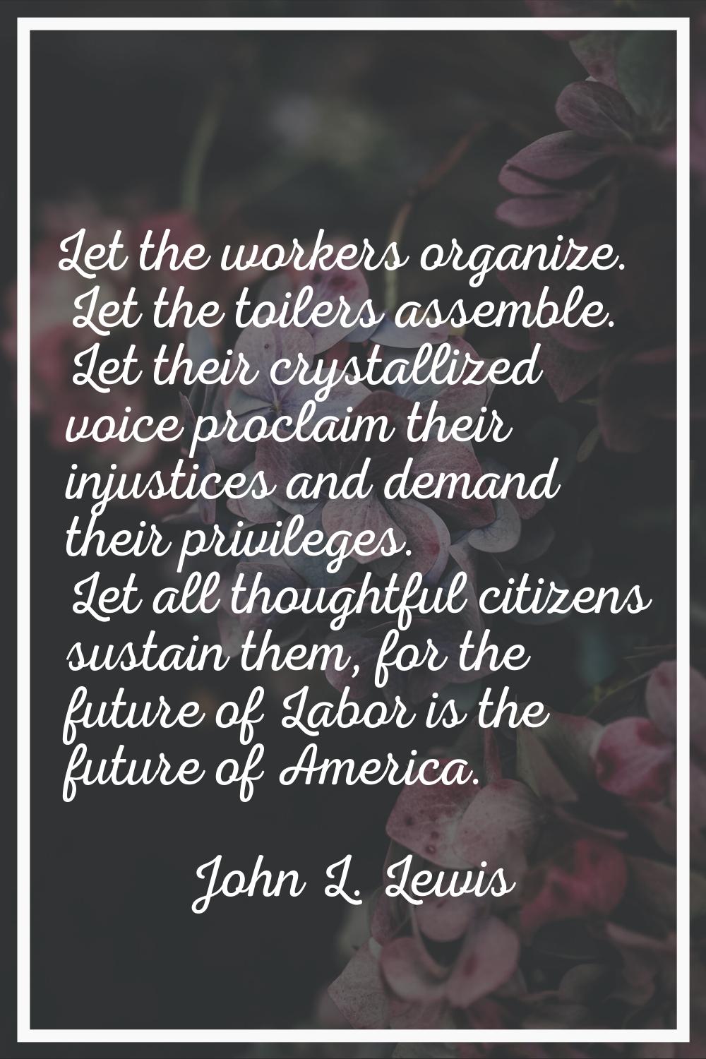 Let the workers organize. Let the toilers assemble. Let their crystallized voice proclaim their inj