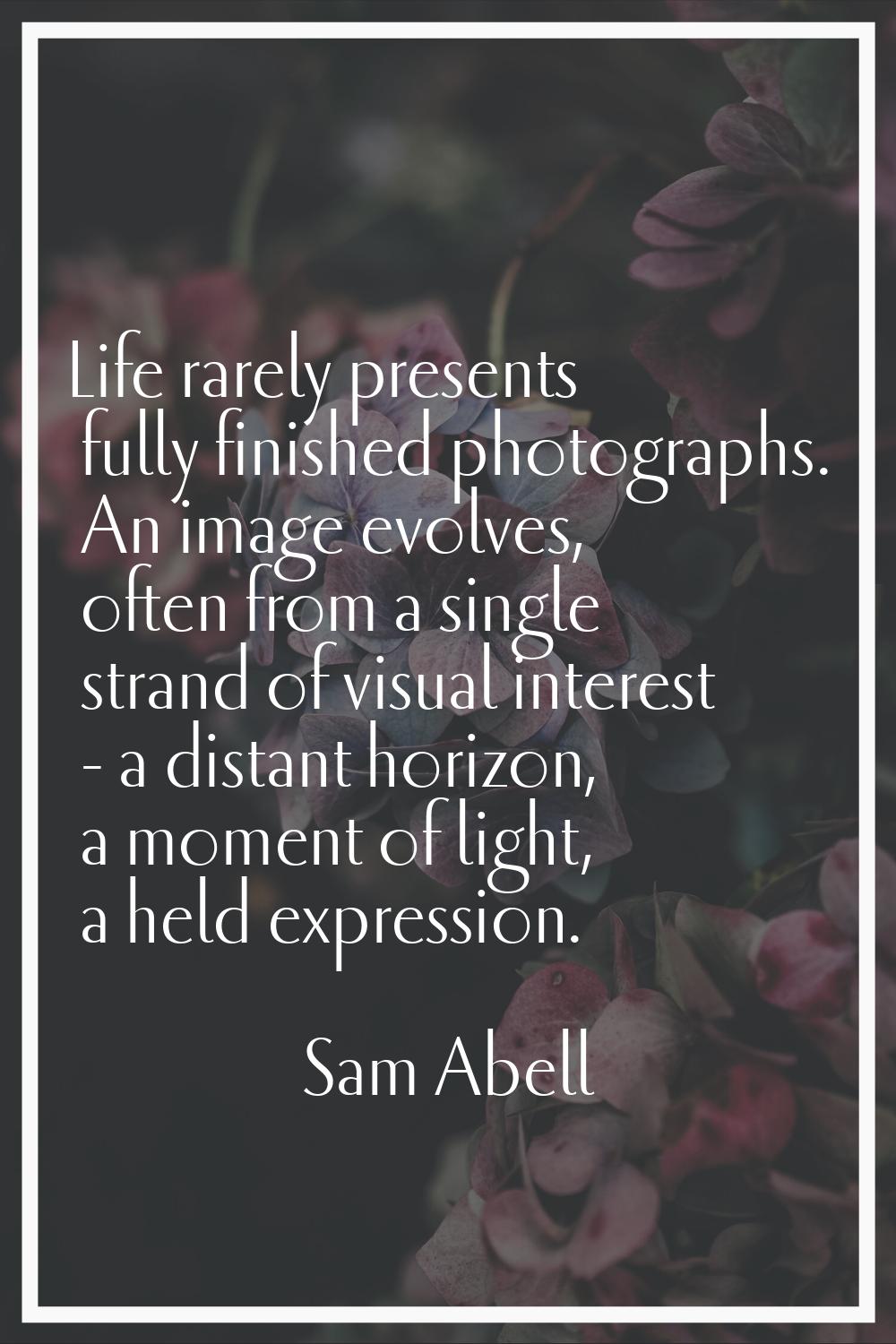 Life rarely presents fully finished photographs. An image evolves, often from a single strand of vi