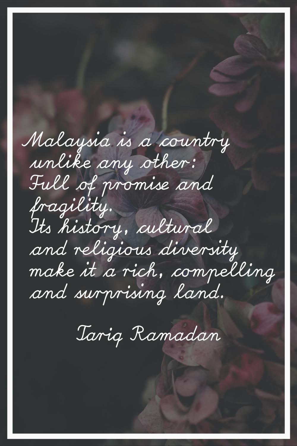 Malaysia is a country unlike any other: Full of promise and fragility. Its history, cultural and re