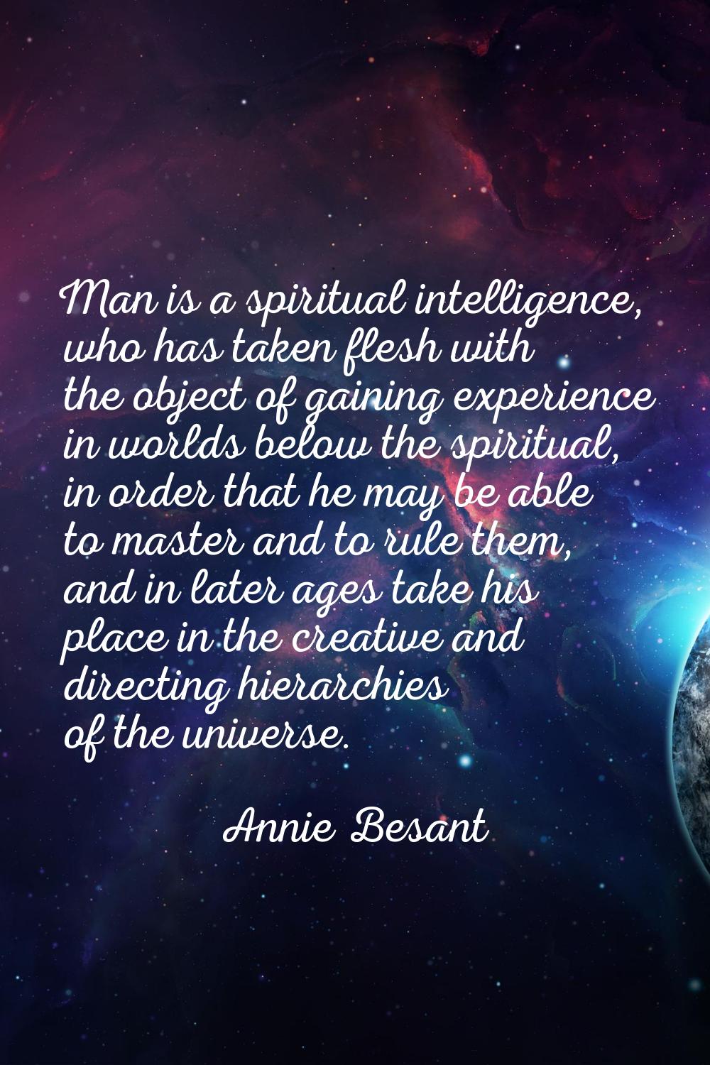 Man is a spiritual intelligence, who has taken flesh with the object of gaining experience in world