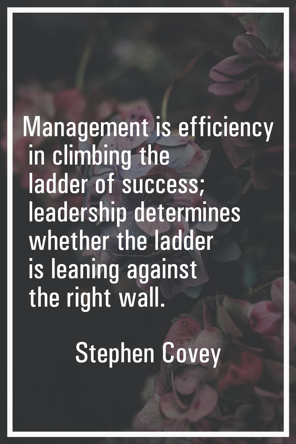 Management is efficiency in climbing the ladder of success; leadership determines whether the ladde