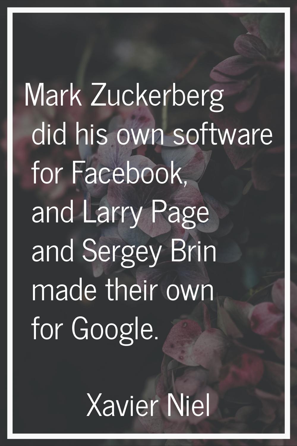 Mark Zuckerberg did his own software for Facebook, and Larry Page and Sergey Brin made their own fo