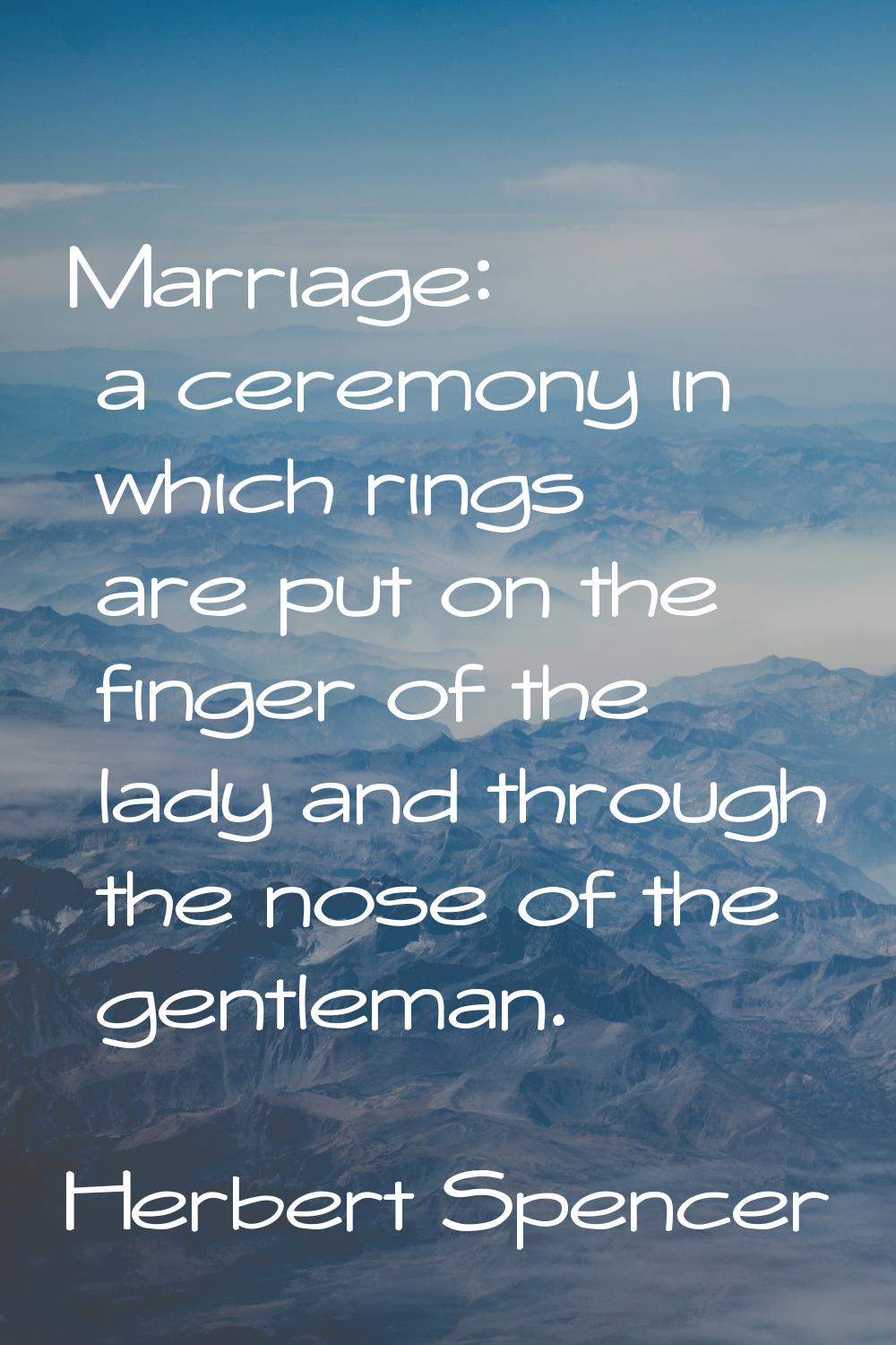 Marriage: a ceremony in which rings are put on the finger of the lady and through the nose of the g