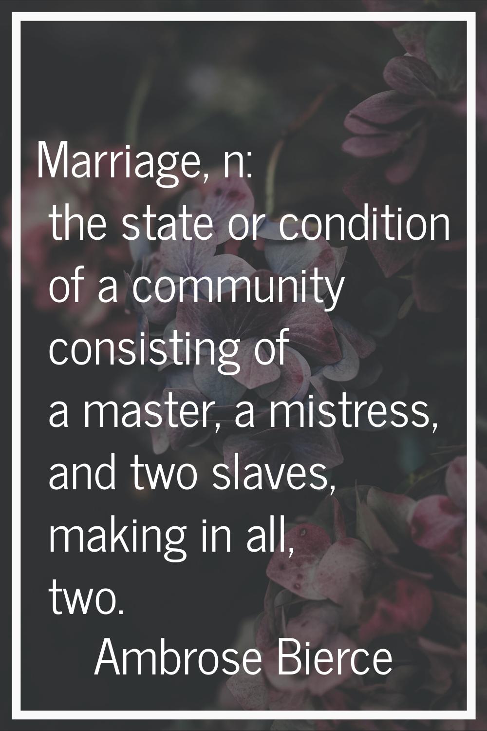 Marriage, n: the state or condition of a community consisting of a master, a mistress, and two slav