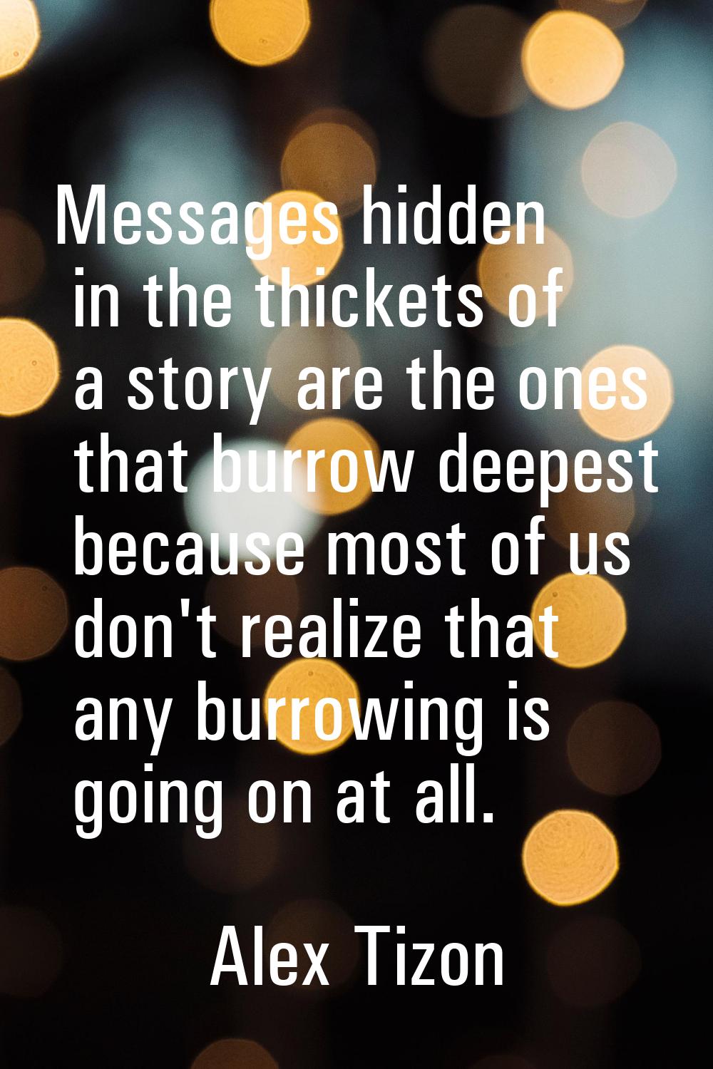 Messages hidden in the thickets of a story are the ones that burrow deepest because most of us don'