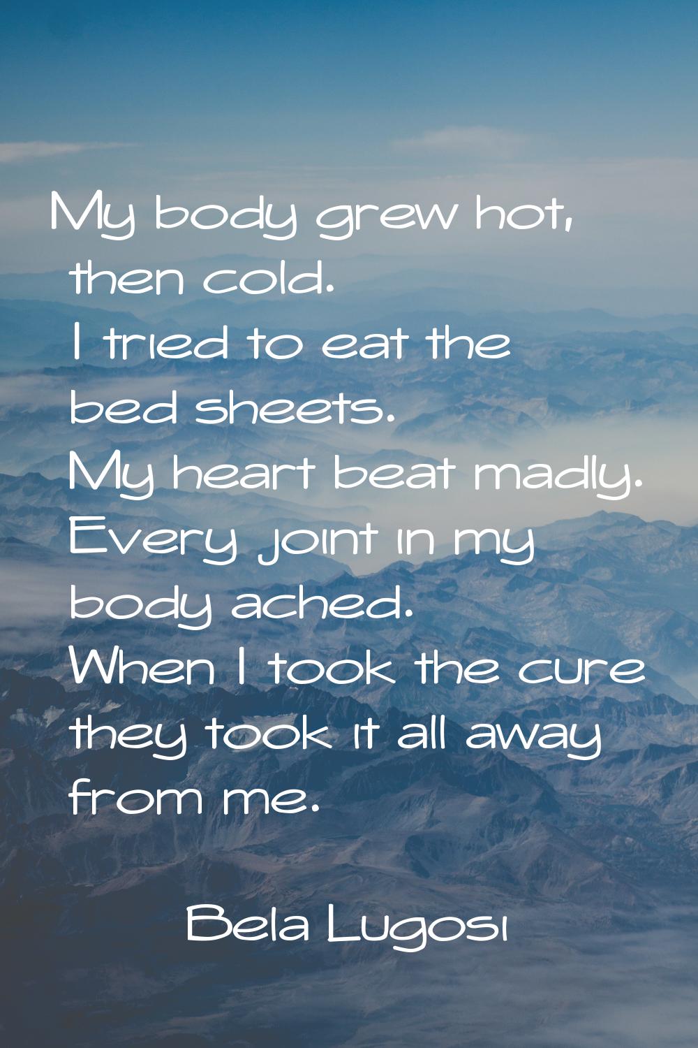My body grew hot, then cold. I tried to eat the bed sheets. My heart beat madly. Every joint in my 