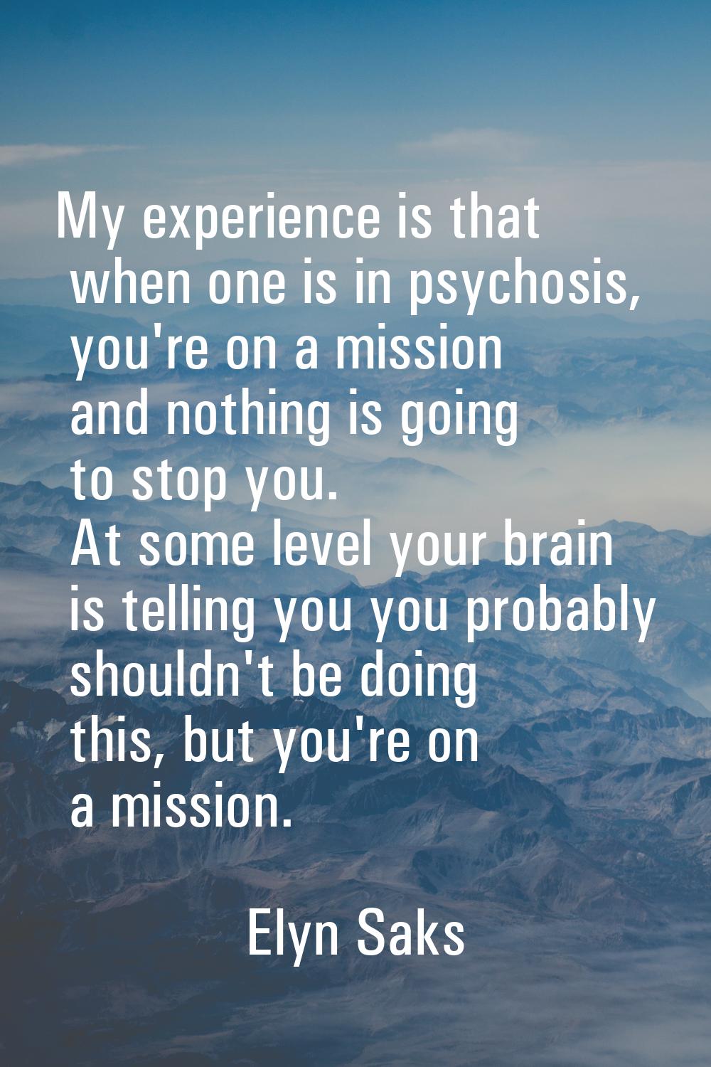 My experience is that when one is in psychosis, you're on a mission and nothing is going to stop yo