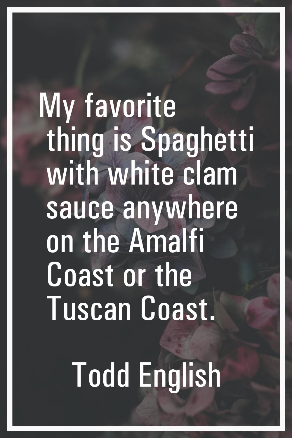 My favorite thing is Spaghetti with white clam sauce anywhere on the Amalfi Coast or the Tuscan Coa