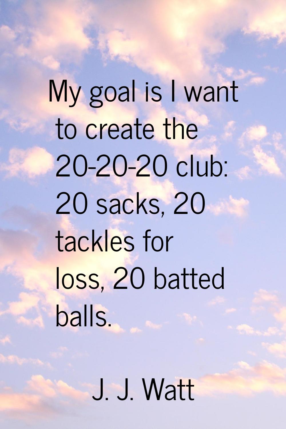 My goal is I want to create the 20-20-20 club: 20 sacks, 20 tackles for loss, 20 batted balls.