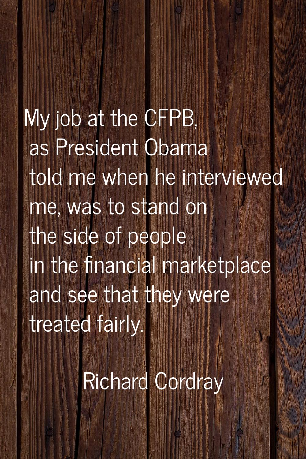My job at the CFPB, as President Obama told me when he interviewed me, was to stand on the side of 