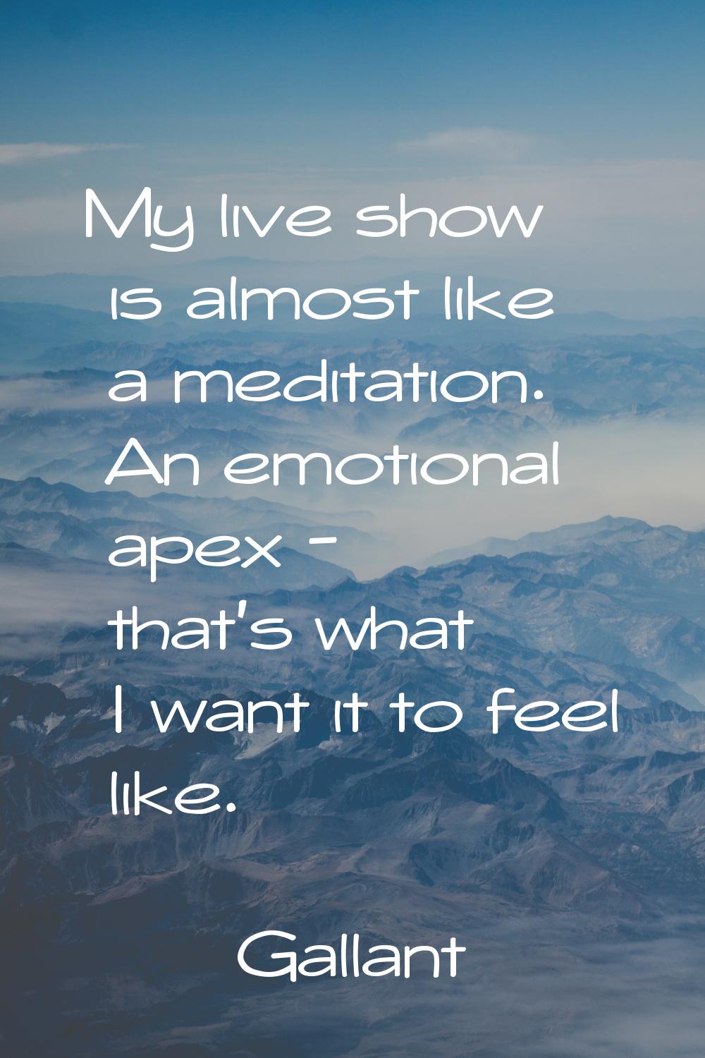 My live show is almost like a meditation. An emotional apex - that's what I want it to feel like.