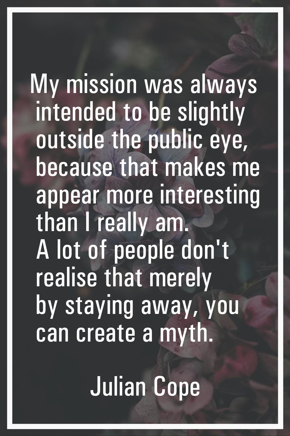 My mission was always intended to be slightly outside the public eye, because that makes me appear 