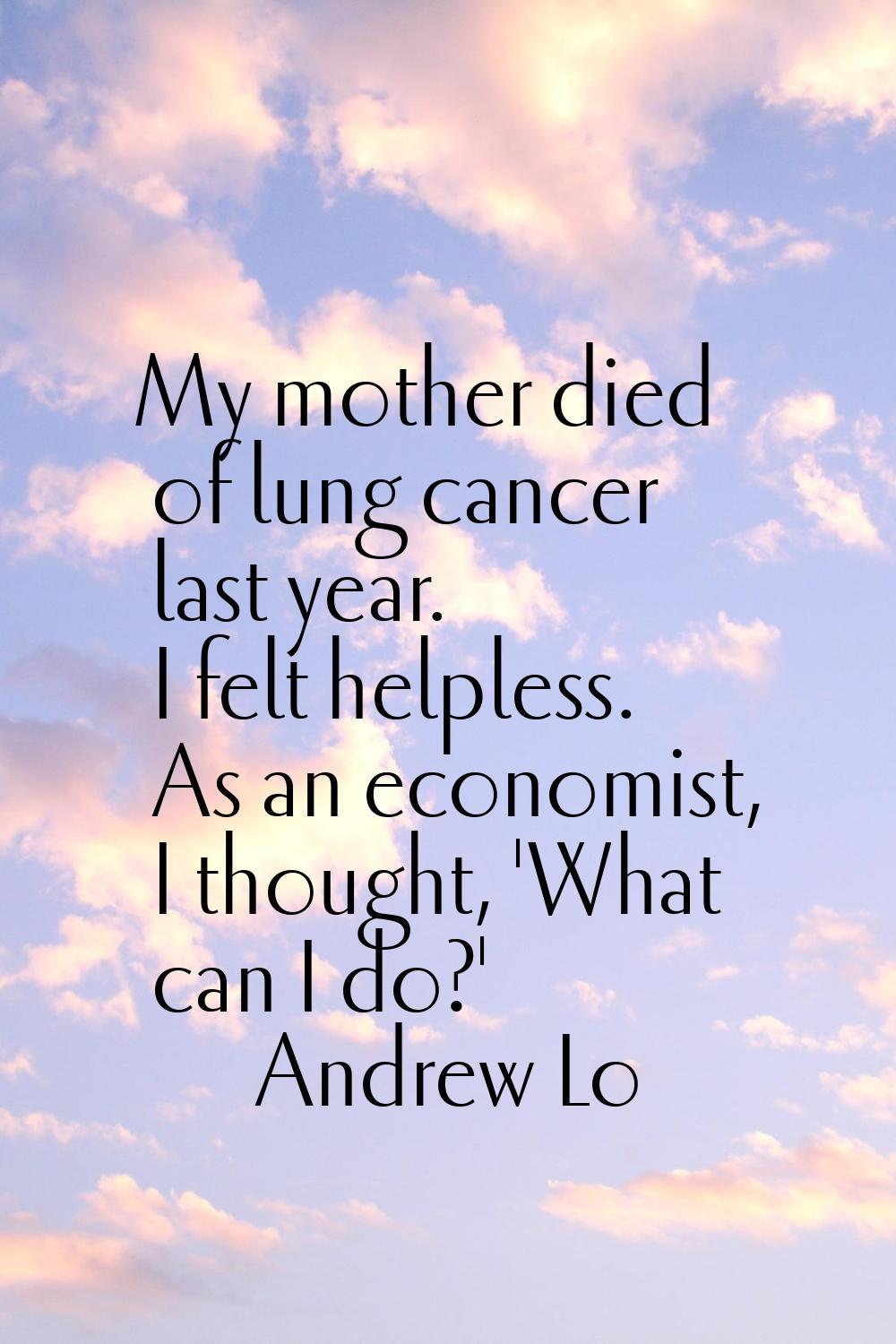 My mother died of lung cancer last year. I felt helpless. As an economist, I thought, 'What can I d