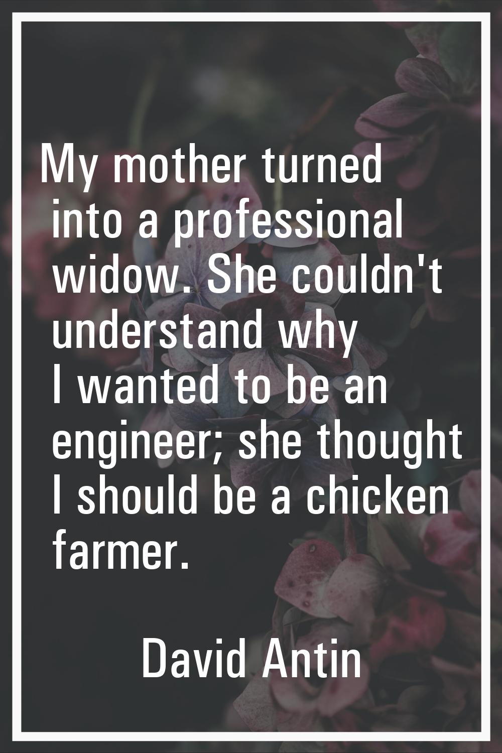 My mother turned into a professional widow. She couldn't understand why I wanted to be an engineer;