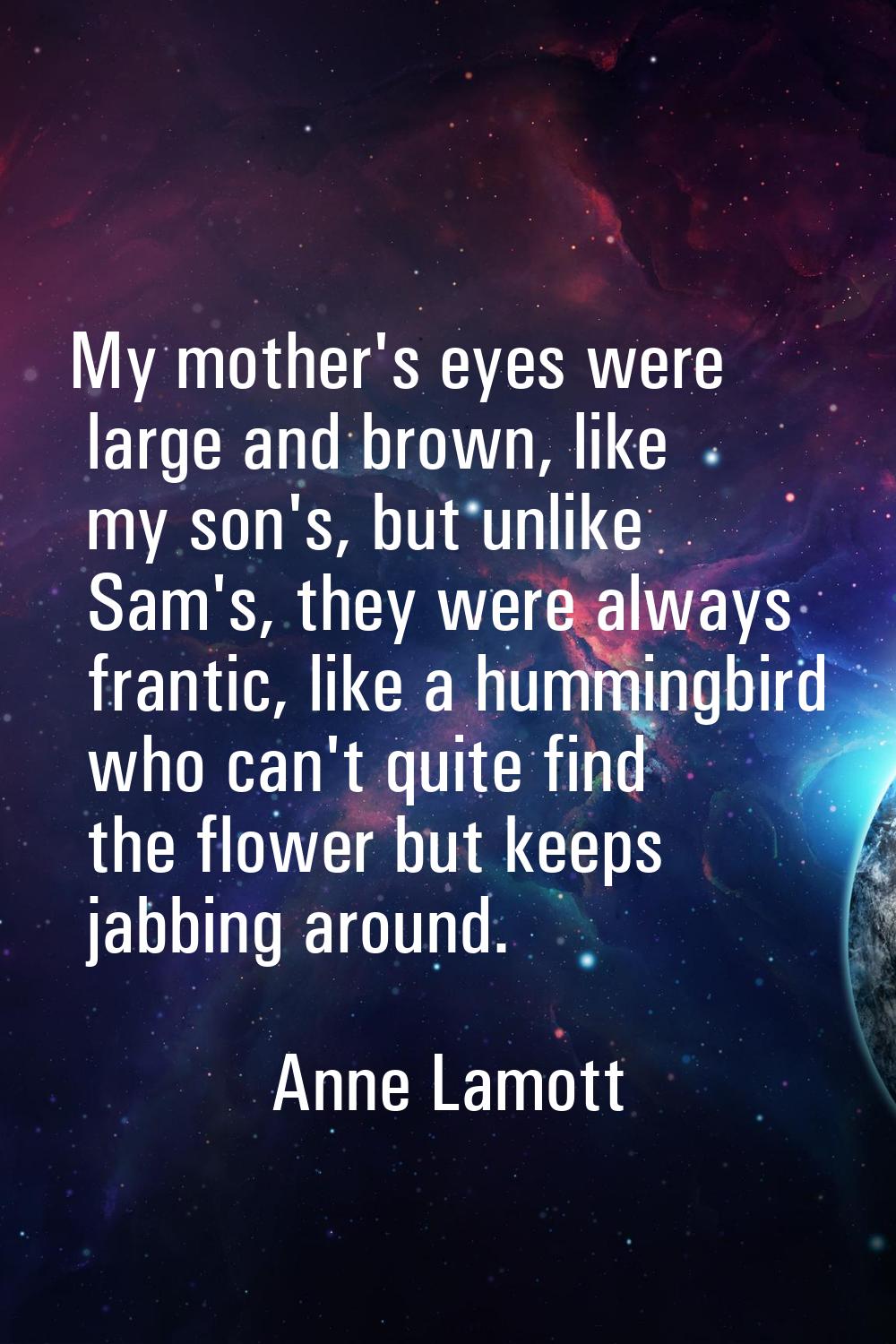 My mother's eyes were large and brown, like my son's, but unlike Sam's, they were always frantic, l