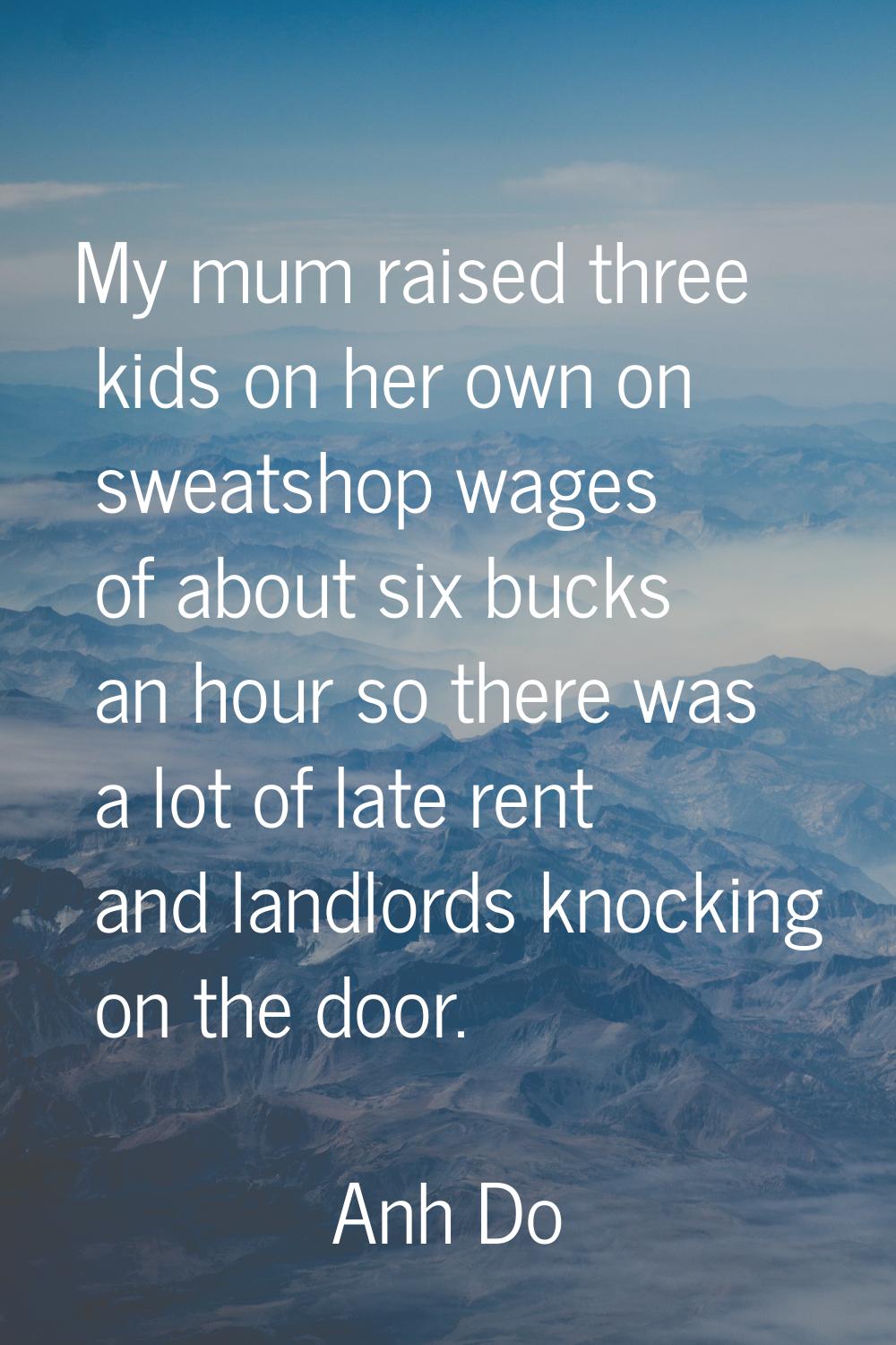 My mum raised three kids on her own on sweatshop wages of about six bucks an hour so there was a lo