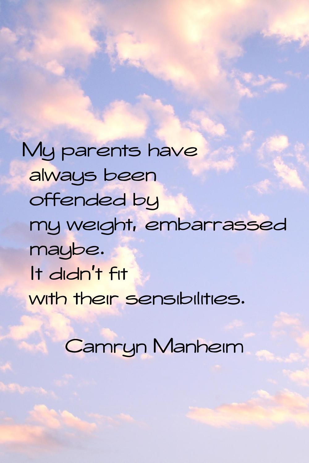 My parents have always been offended by my weight, embarrassed maybe. It didn't fit with their sens
