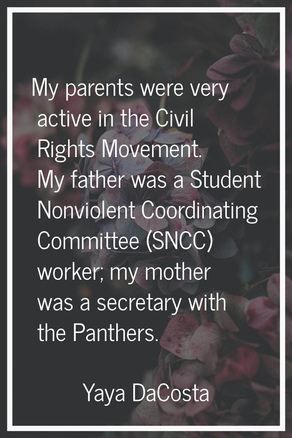 My parents were very active in the Civil Rights Movement. My father was a Student Nonviolent Coordi