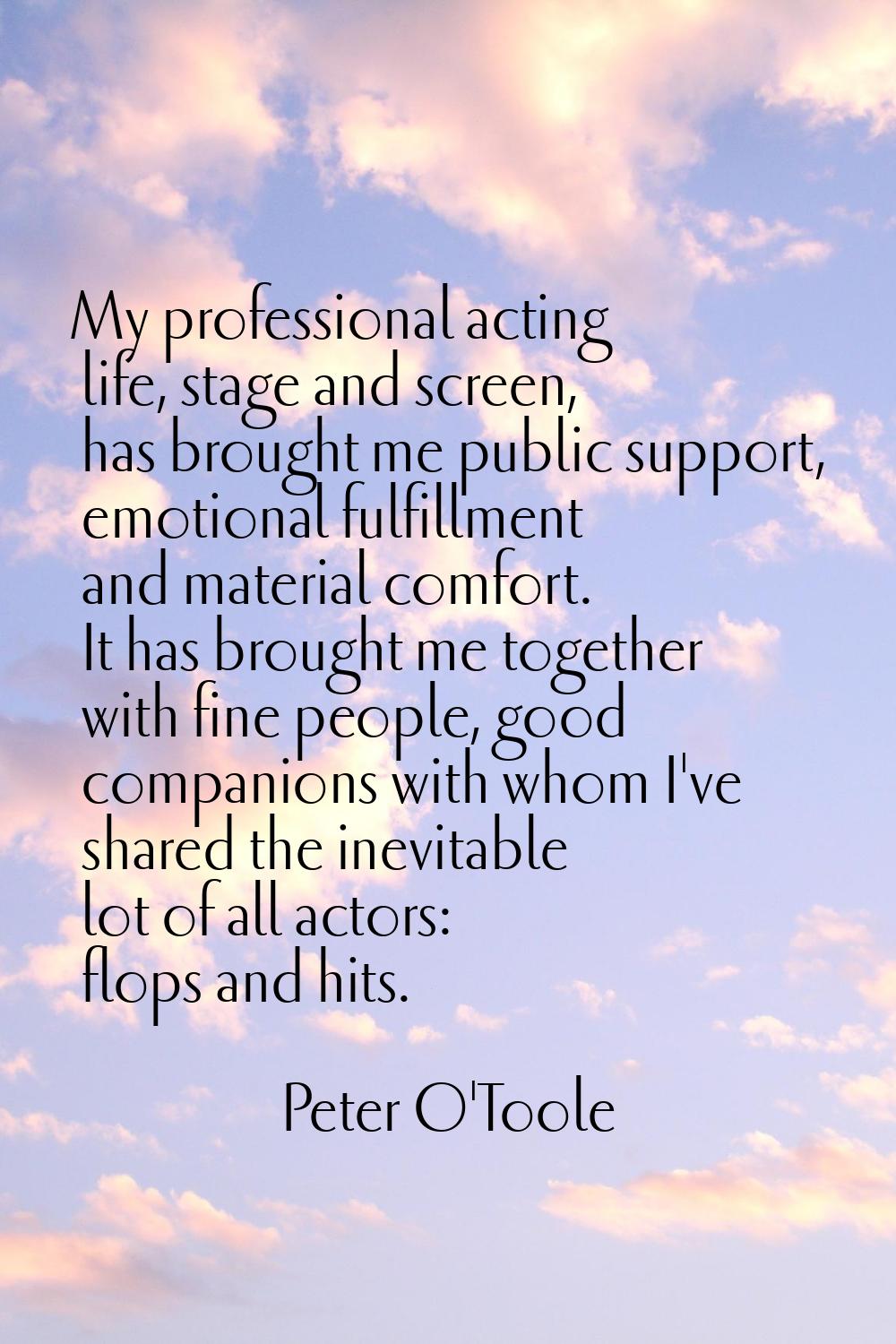 My professional acting life, stage and screen, has brought me public support, emotional fulfillment