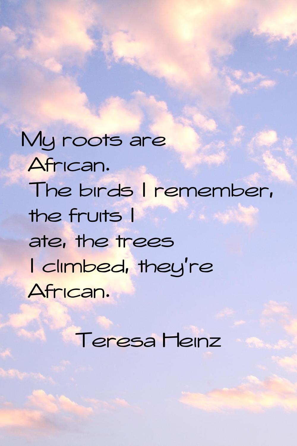 My roots are African. The birds I remember, the fruits I ate, the trees I climbed, they're African.