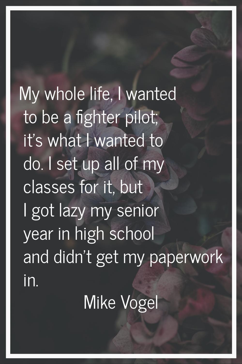 My whole life, I wanted to be a fighter pilot; it's what I wanted to do. I set up all of my classes