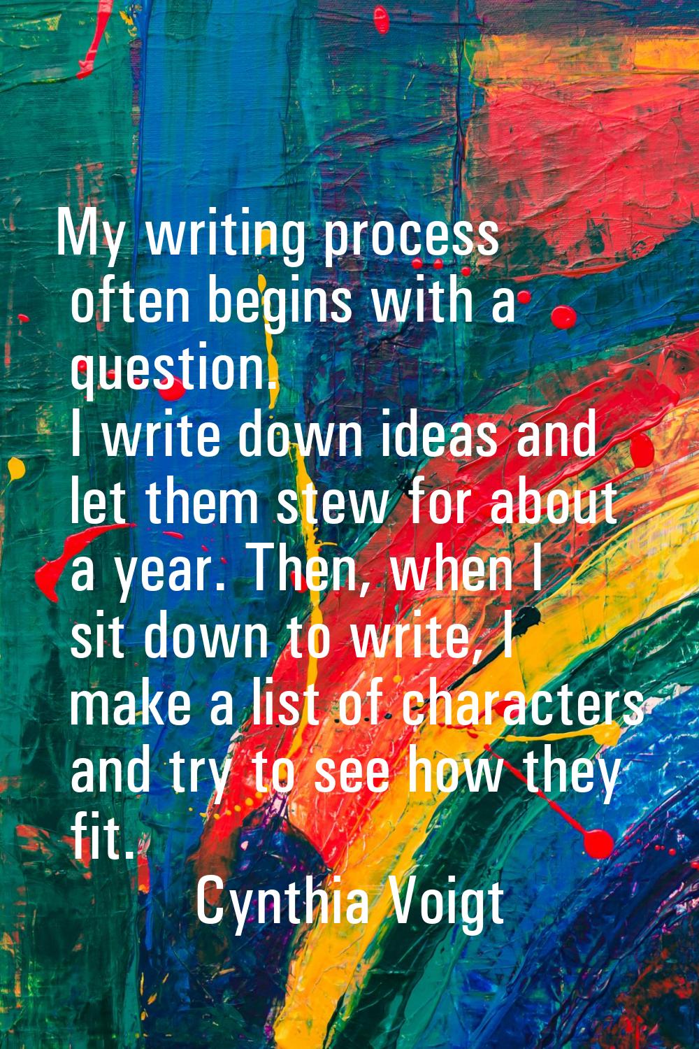 My writing process often begins with a question. I write down ideas and let them stew for about a y