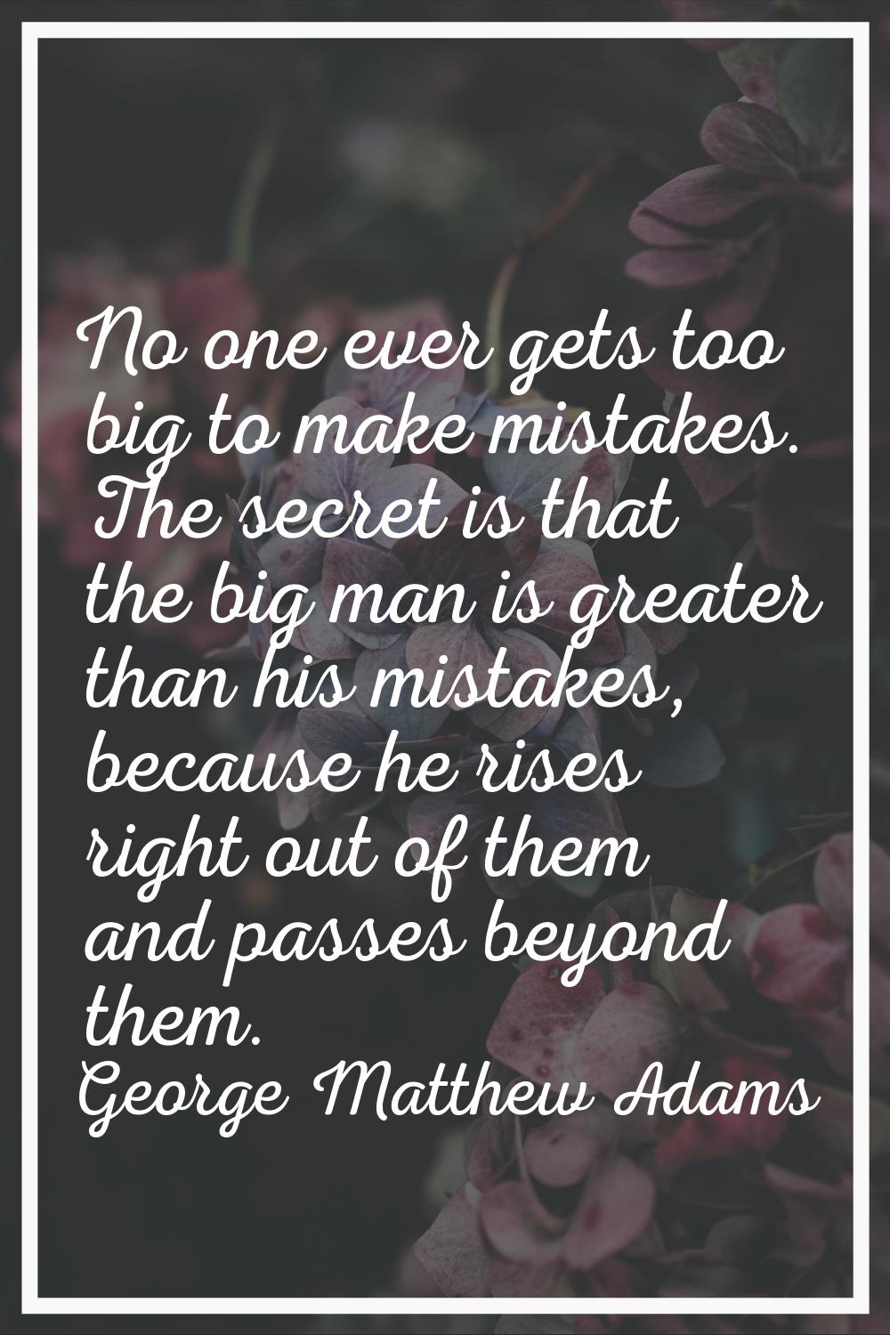 No one ever gets too big to make mistakes. The secret is that the big man is greater than his mista