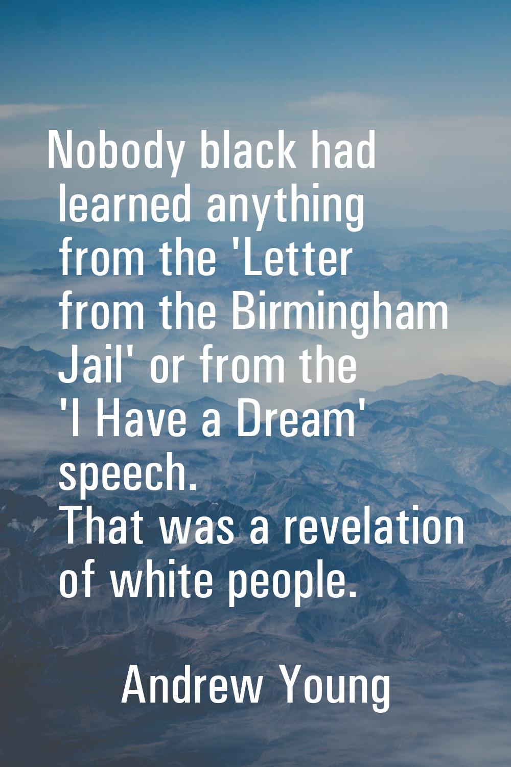 Nobody black had learned anything from the 'Letter from the Birmingham Jail' or from the 'I Have a 
