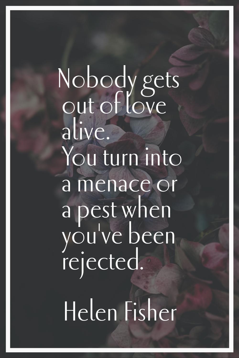 Nobody gets out of love alive. You turn into a menace or a pest when you've been rejected.
