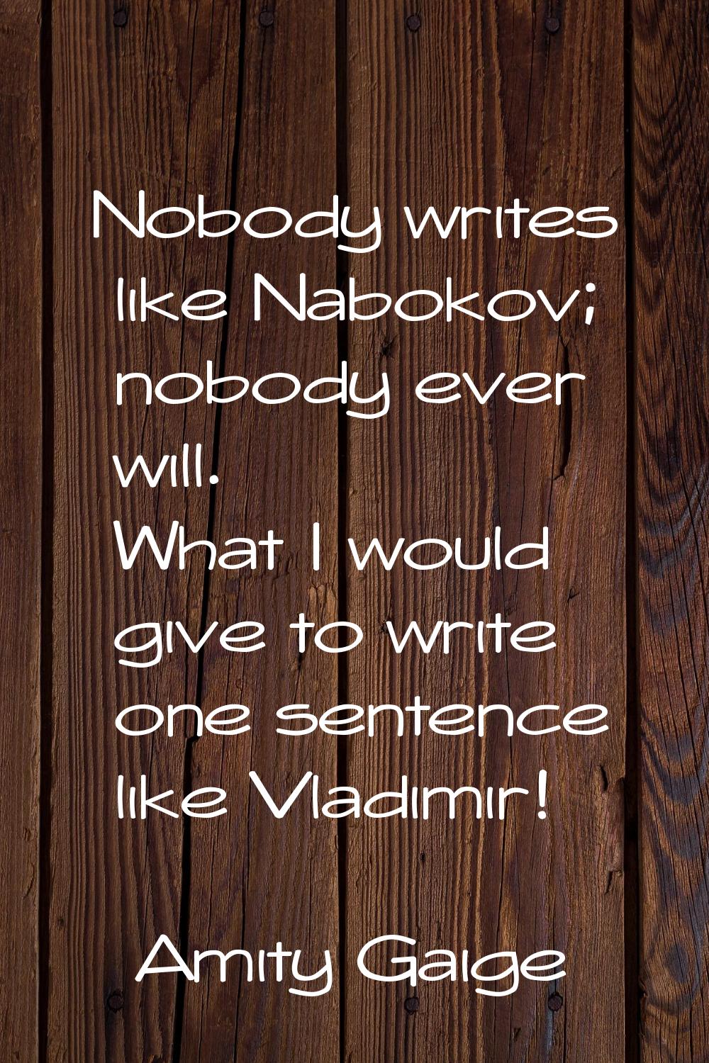 Nobody writes like Nabokov; nobody ever will. What I would give to write one sentence like Vladimir