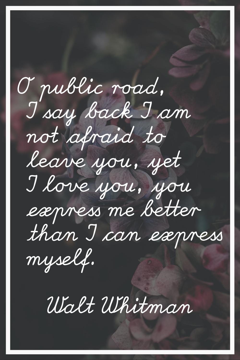 O public road, I say back I am not afraid to leave you, yet I love you, you express me better than 