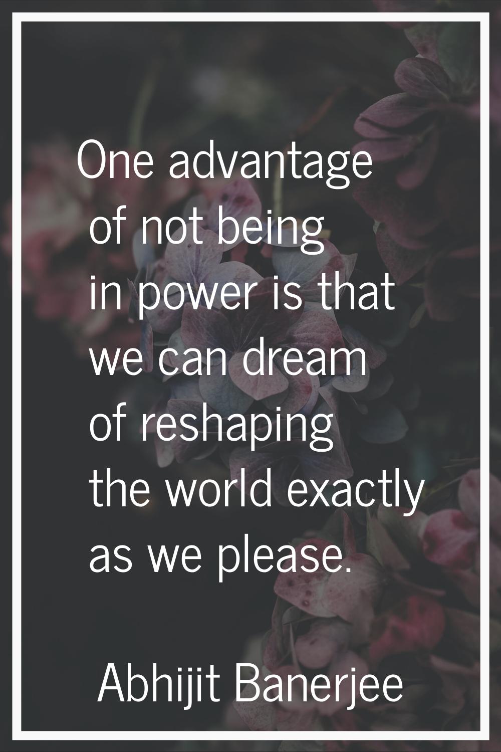 One advantage of not being in power is that we can dream of reshaping the world exactly as we pleas