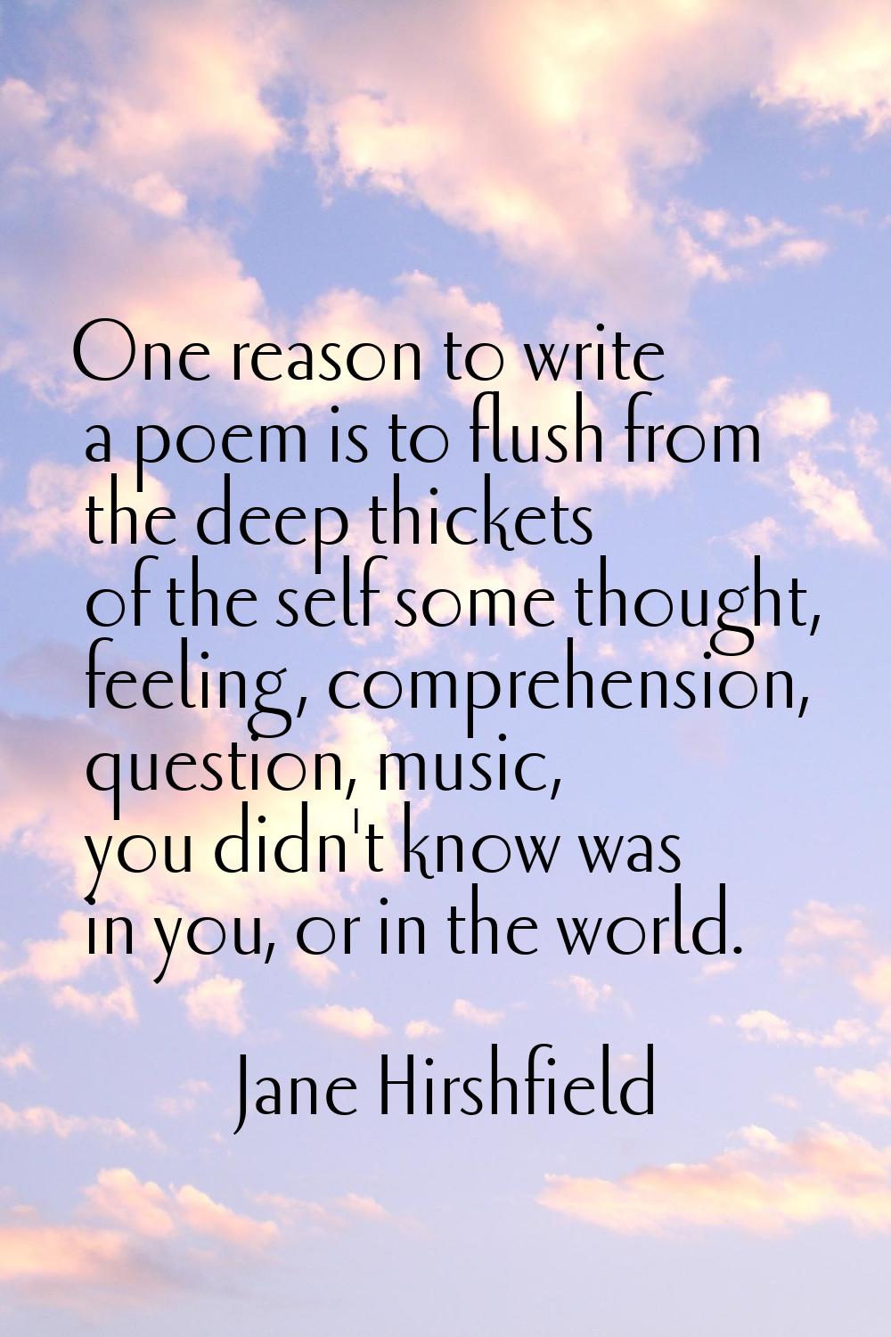 One reason to write a poem is to flush from the deep thickets of the self some thought, feeling, co