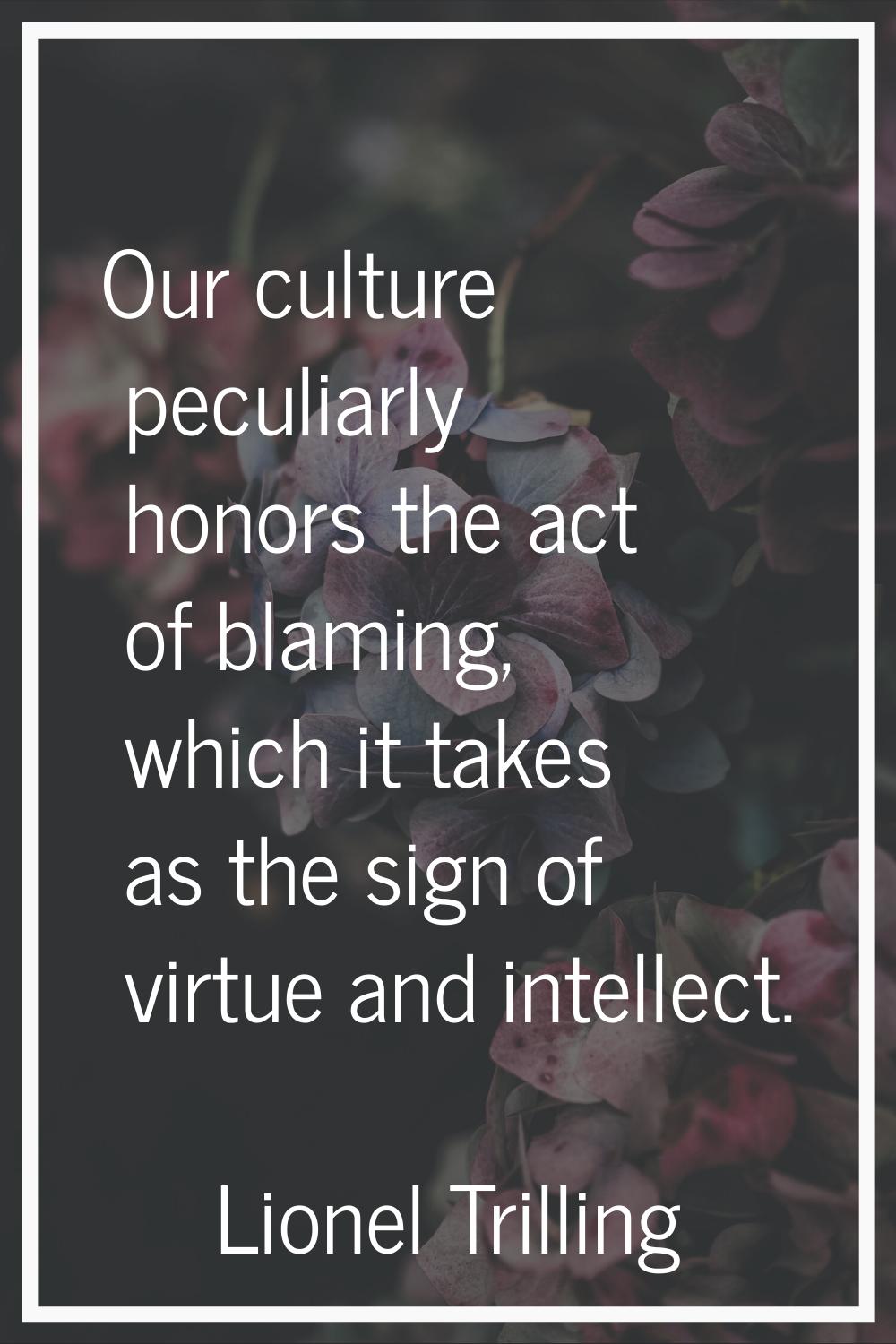 Our culture peculiarly honors the act of blaming, which it takes as the sign of virtue and intellec