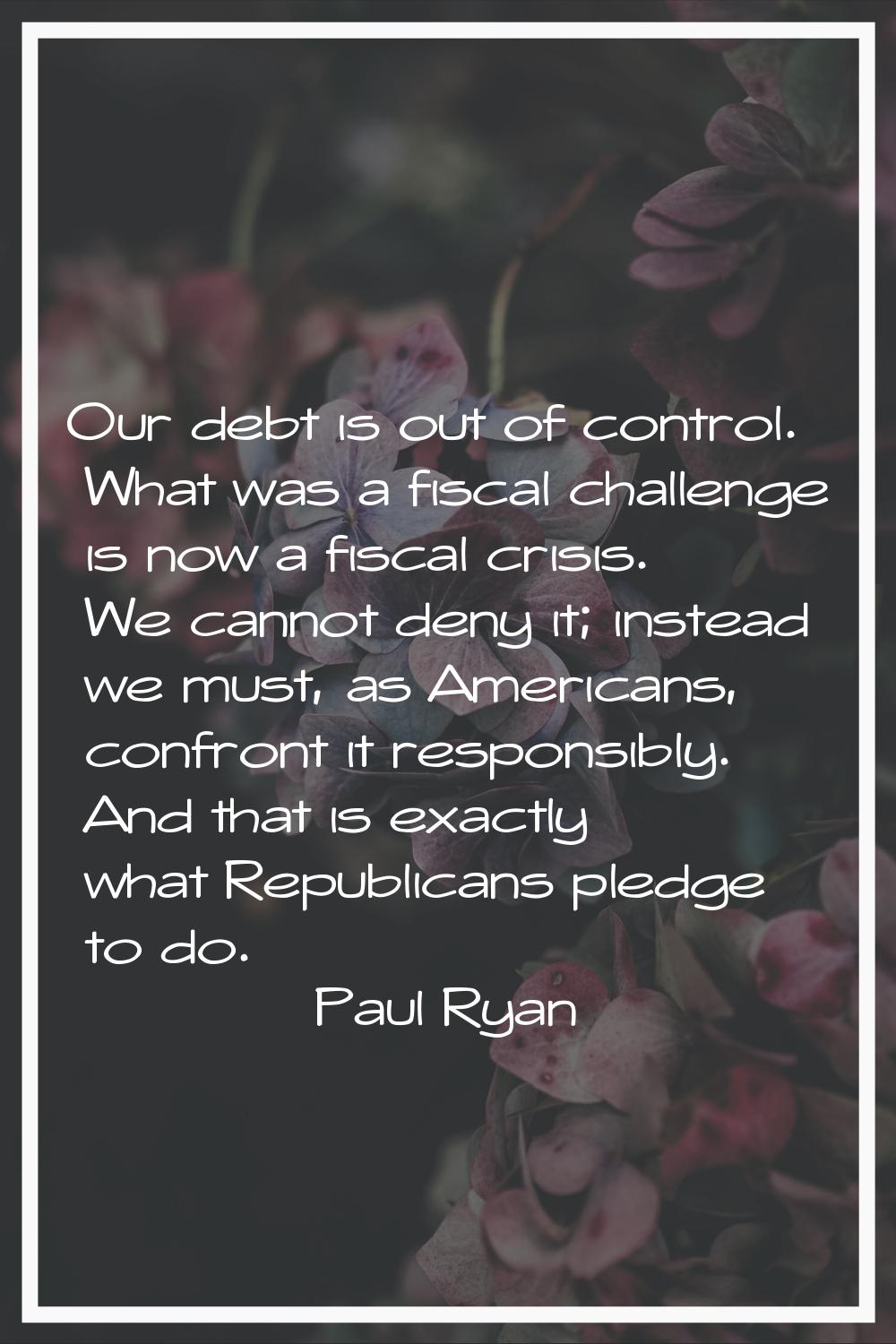 Our debt is out of control. What was a fiscal challenge is now a fiscal crisis. We cannot deny it; 