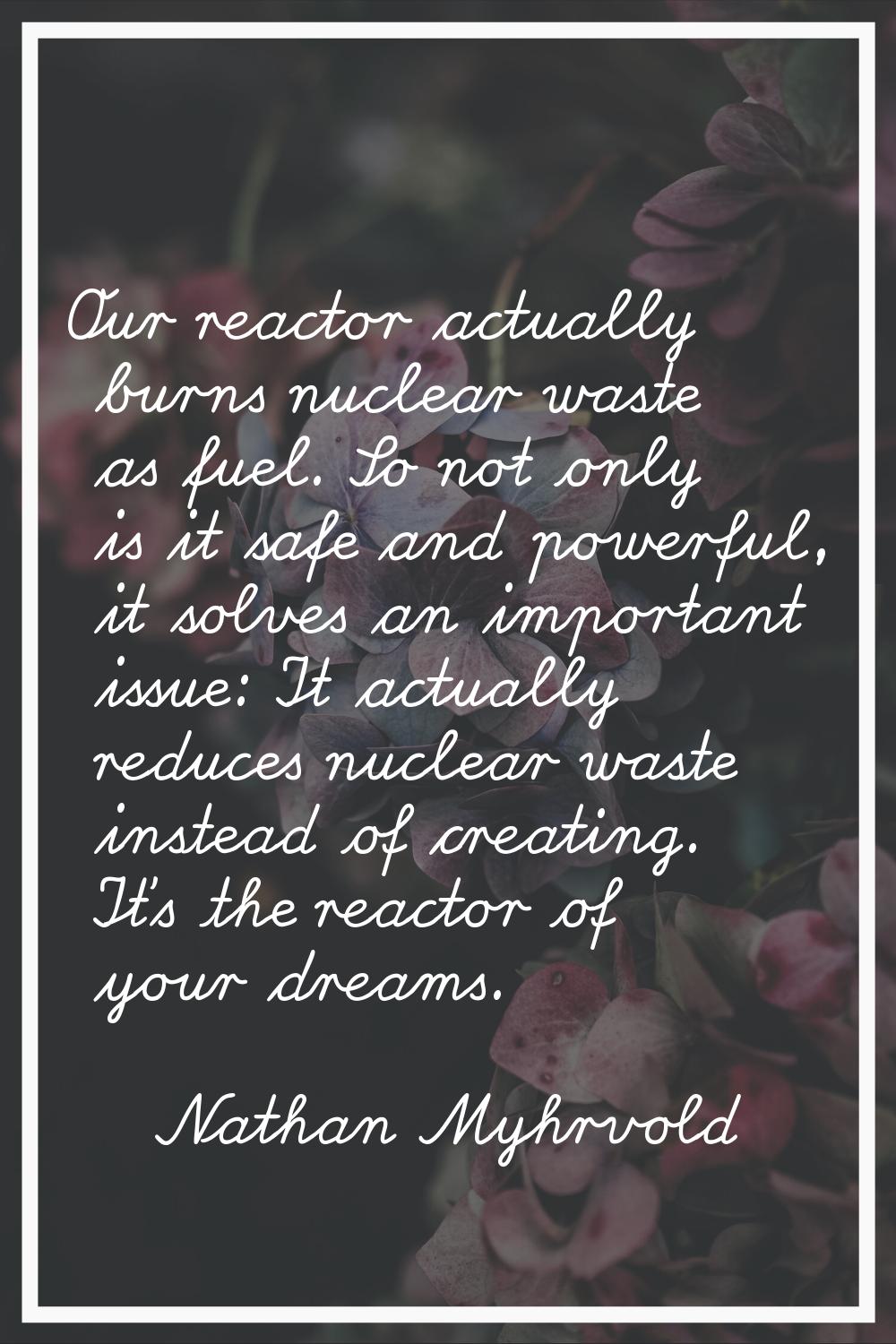 Our reactor actually burns nuclear waste as fuel. So not only is it safe and powerful, it solves an