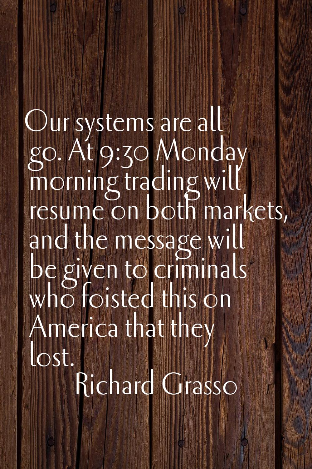 Our systems are all go. At 9:30 Monday morning trading will resume on both markets, and the message