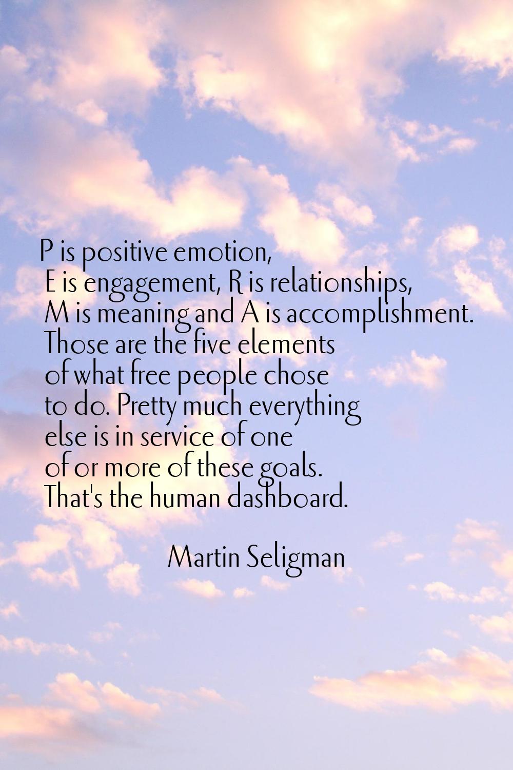 P is positive emotion, E is engagement, R is relationships, M is meaning and A is accomplishment. T