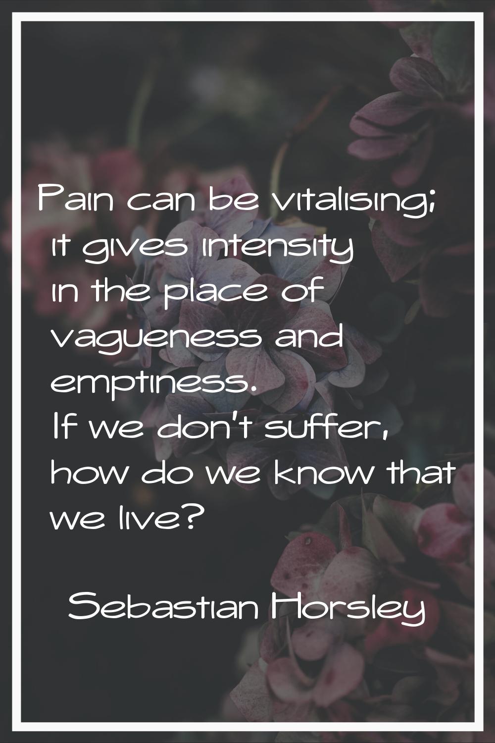Pain can be vitalising; it gives intensity in the place of vagueness and emptiness. If we don't suf