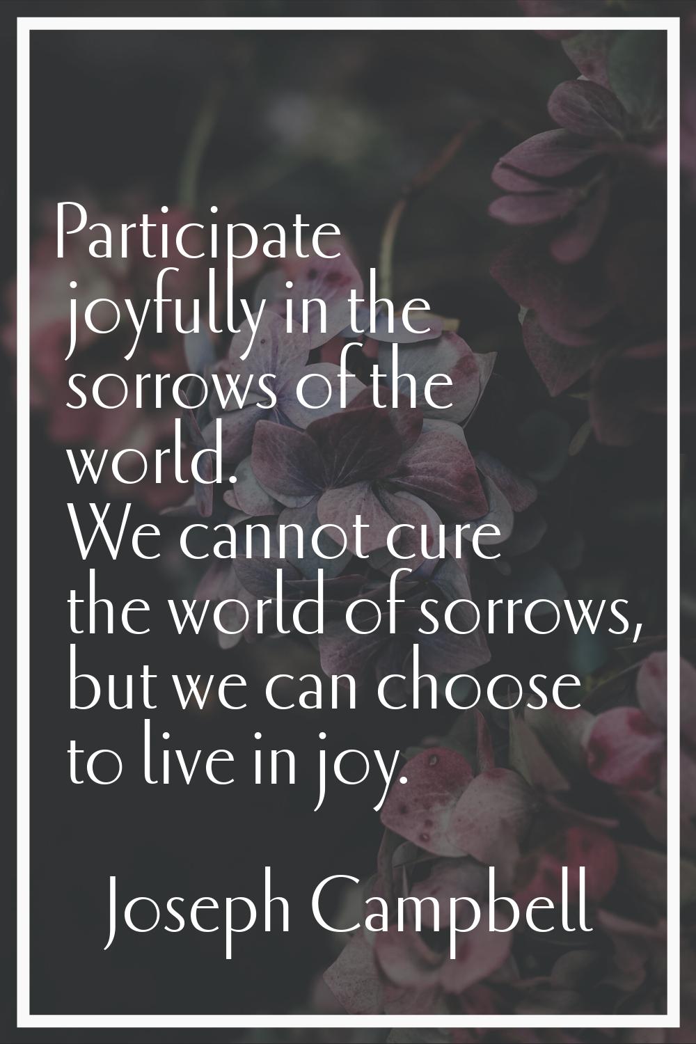 Participate joyfully in the sorrows of the world. We cannot cure the world of sorrows, but we can c
